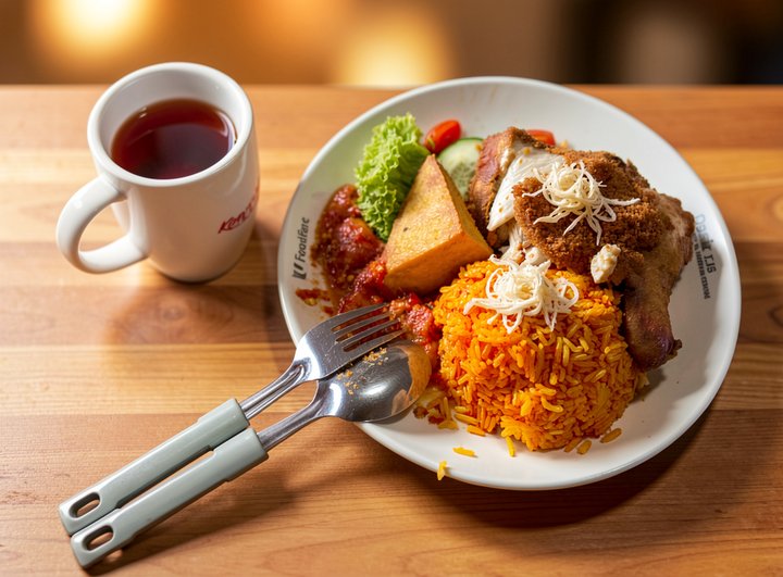 Ayam penyet set restyled from a foodcourt tray photo into a warm appetising menu shot