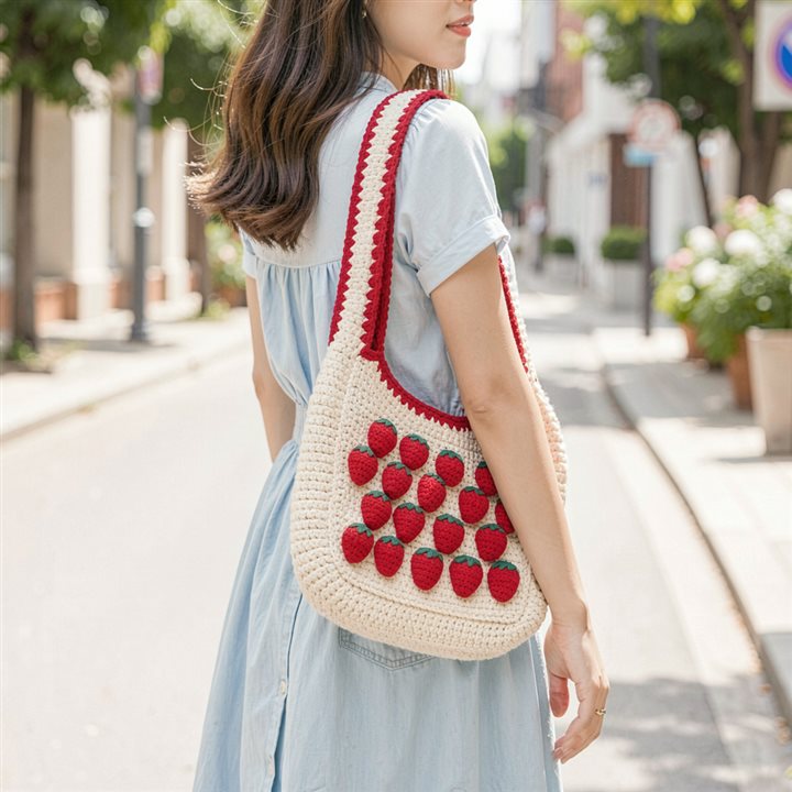 Handmade strawberry crochet bag carried by a model in a street-style lifestyle shot