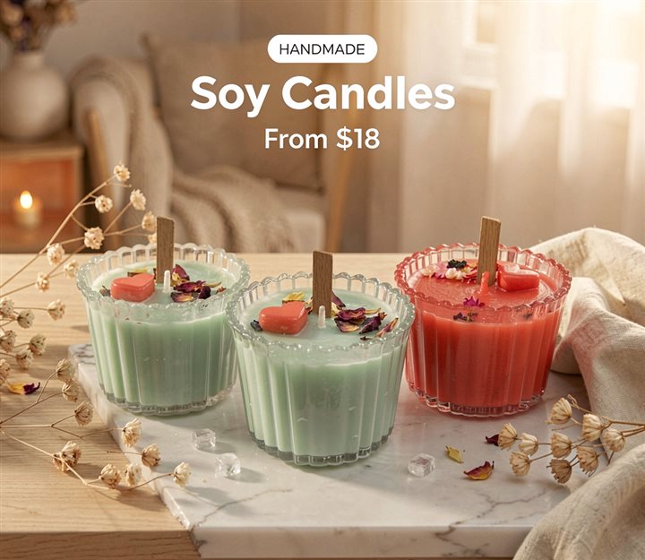 Handmade soy candles styled product hero shot with promo text