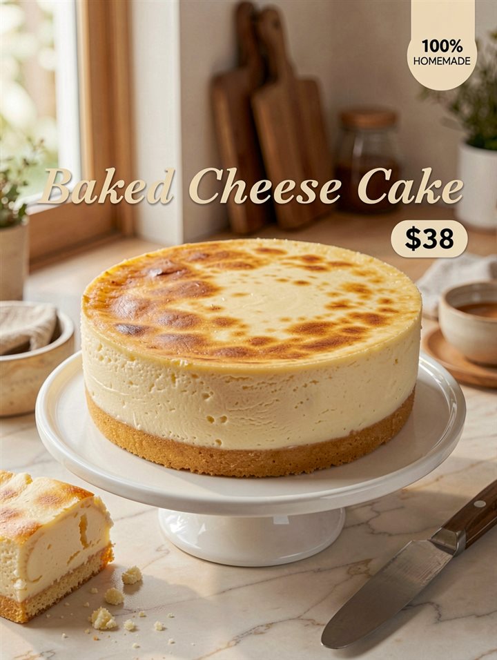 Baked cheese cake product hero shot with 100% homemade badge and price