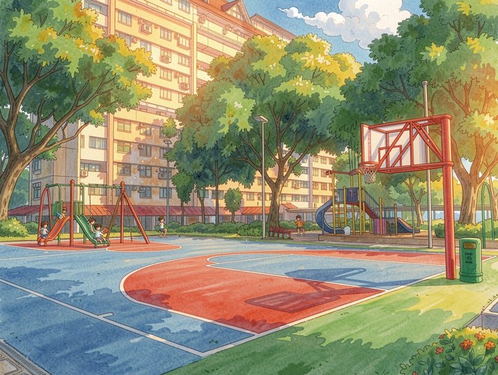 HDB basketball court photo restyled into a hand-painted anime illustration
