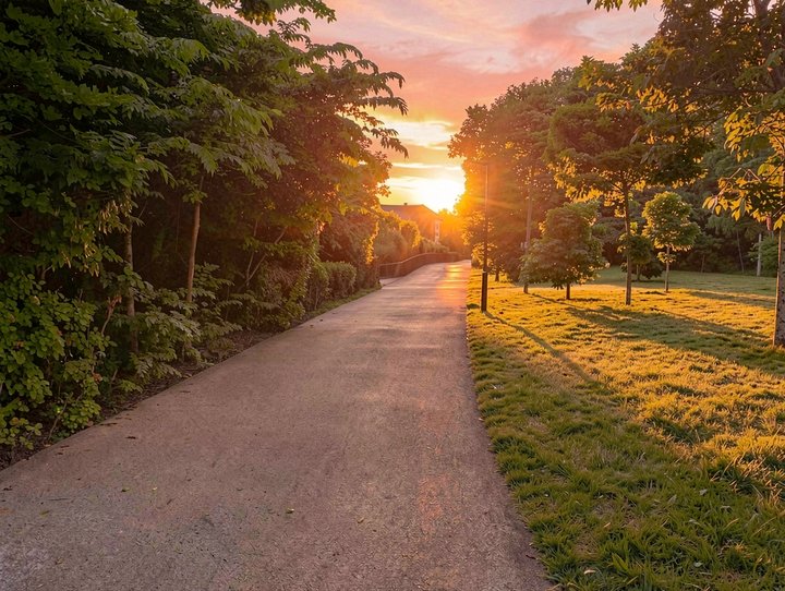 Park path photo edited into a golden-hour sunset with road markings removed